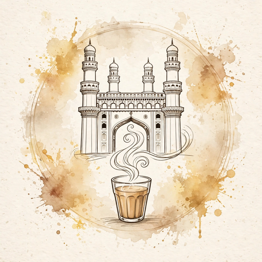 Happy Hyderabad logo — an ink-sketch Charminar with a chai glass
